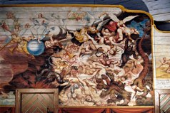 A detail from an original wall painting The Last Judgment, painted in 1779 by the Finnish church painter Mikael Toppelius, located in the Church of Haukipudas, Finland.